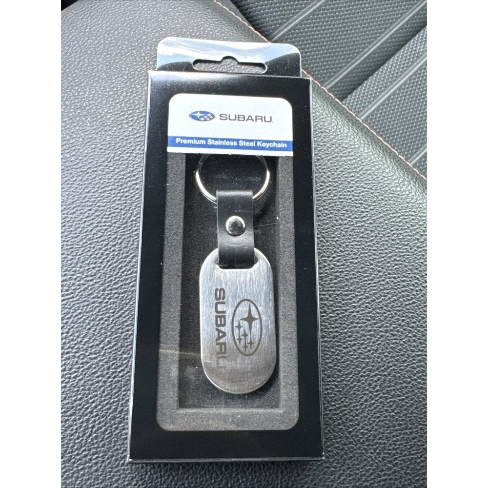 Subaru Premium Brushed Stainless Steel Black Leather Keychain SOA342L162